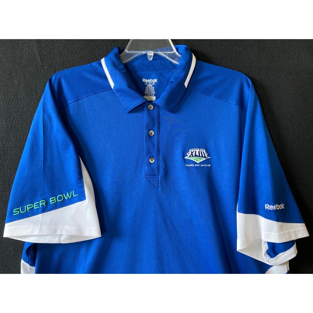 Reebok Mens Super Bowl XLIII Tampa Bay 2009 PlayDry Polo Shirt Blue 2XL 119208
